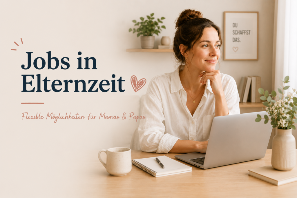 Junge Mutter arbeitet entspannt am Laptop im Homeoffice und steht symbolisch für flexible Jobs und beruflichen Anschluss während der Elternzeit.