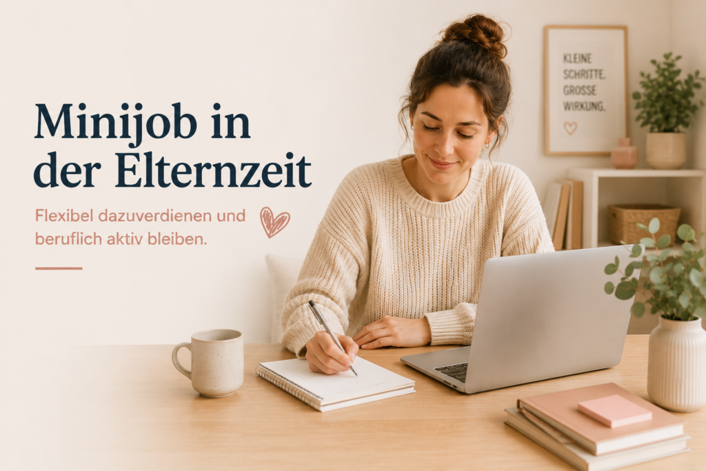 Symbolbild für einen Minijob in der Elternzeit: Eine Mutter arbeitet flexibel im Homeoffice und bleibt beruflich aktiv.