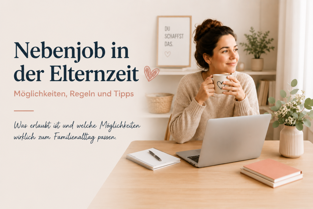 Eine Mutter arbeitet flexibel im Homeoffice und bleibt beruflich im Rahmen eines Nebenjobs in der Elternzeit aktiv.