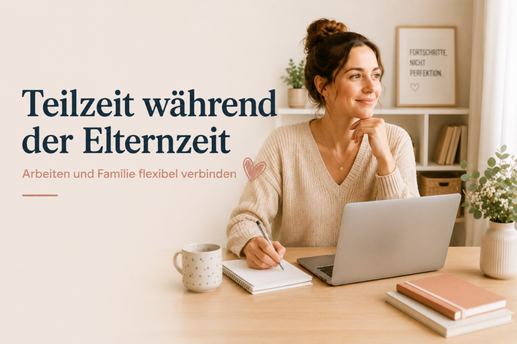 Symbolbild für Teilzeit während der Elternzeit: Die Mutter arbeitet flexibel im Homeoffice und verbindet Familie und Beruf.