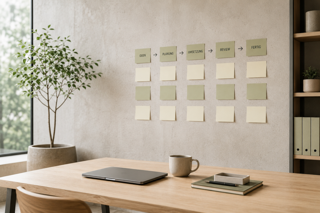 Ein strukturiertes Workflow-Board an einer hellen Wand mit Post-its für Ideen, Planung, Umsetzung, Review und Fertigstellung symbolisiert die methodische Prozessoptimierung für KMU.