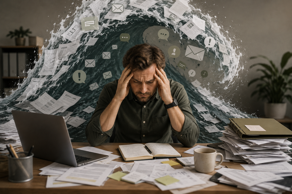 Ein gestresster Unternehmer sitzt am überfüllten Schreibtisch, während eine Welle aus Dokumenten und E-Mails über ihm zusammenbricht – symbolisiert die Notwendigkeit, das Tagesgeschäft zu entlasten und Arbeitsabläufe zu optimieren.